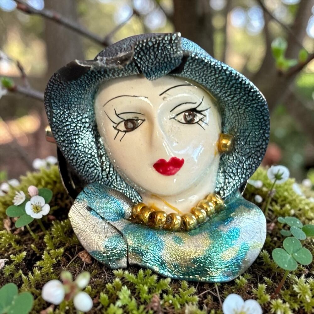 Art Deco Society Lady Brooch Aqua Silver Flapper Face Statement Pin